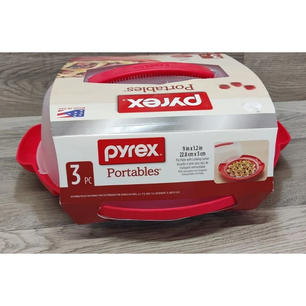 Pyrex Portables 3 Pc Pie Transport 9 Inch Glass Dish Locking Carrier Cover USA